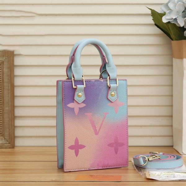 

CC Realfine Bags 14cm Petit Sac Plat Tote Sunset Pastel Momogran coated canvas Shoulder Handbags Purses For Women with Color blocking printing, Extra freight