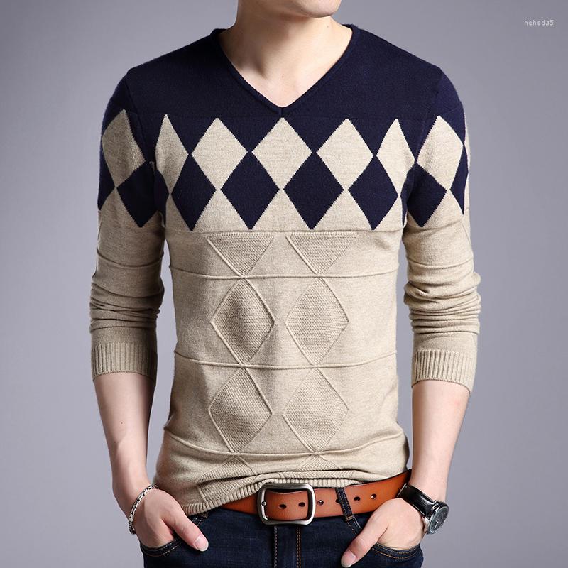 

Men's Sweaters Arrival Autumn Winter Men's Argyle Pattern Cashmere Sweater V-neck Long Sleeve Patchwork Plaid Pullover, Khaki