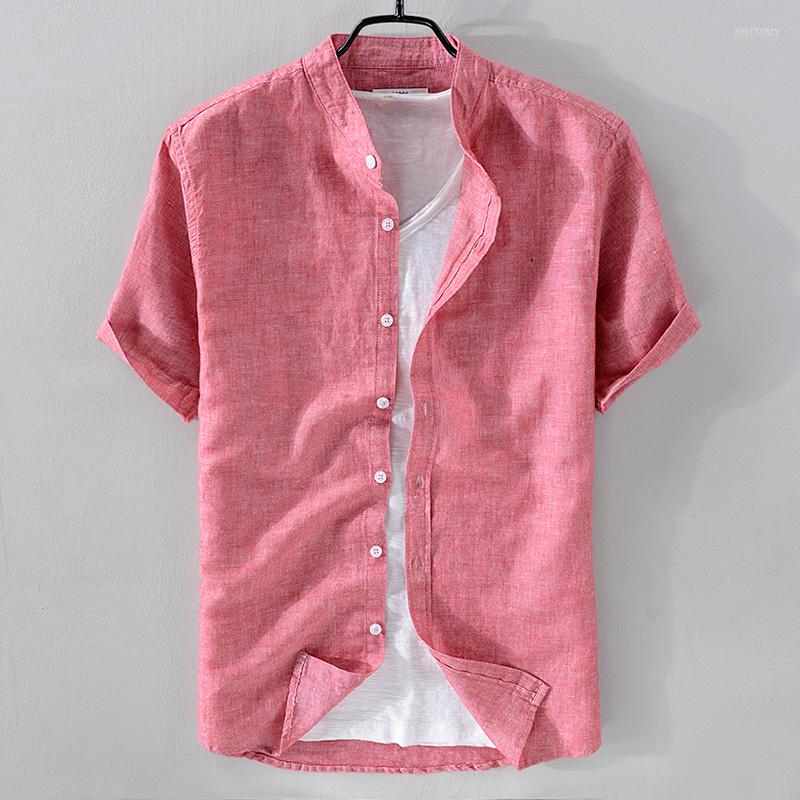 

Men's Casual Shirts Designer Stand Collar Linen Shirt Men Brand Short Sleeve Breathable For Solid Coral-red Top Camisas Chemise, Gray