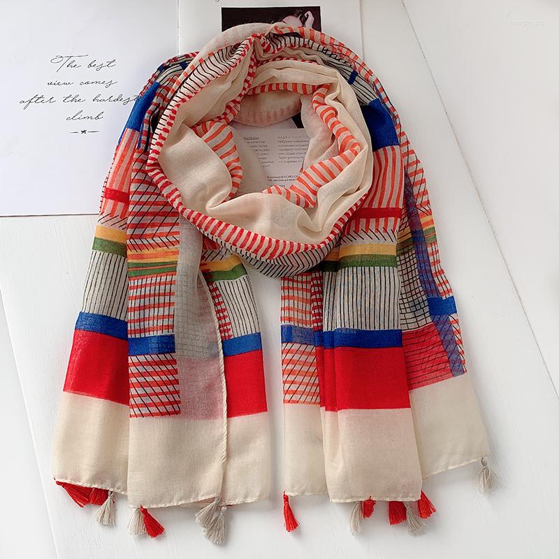 

Scarves Women Autumn Cotton Viscose Tassel Shawl Luxury Colorful Striped Line Pashmina Wrap Sun Protection Summer Soft 180 90cm
