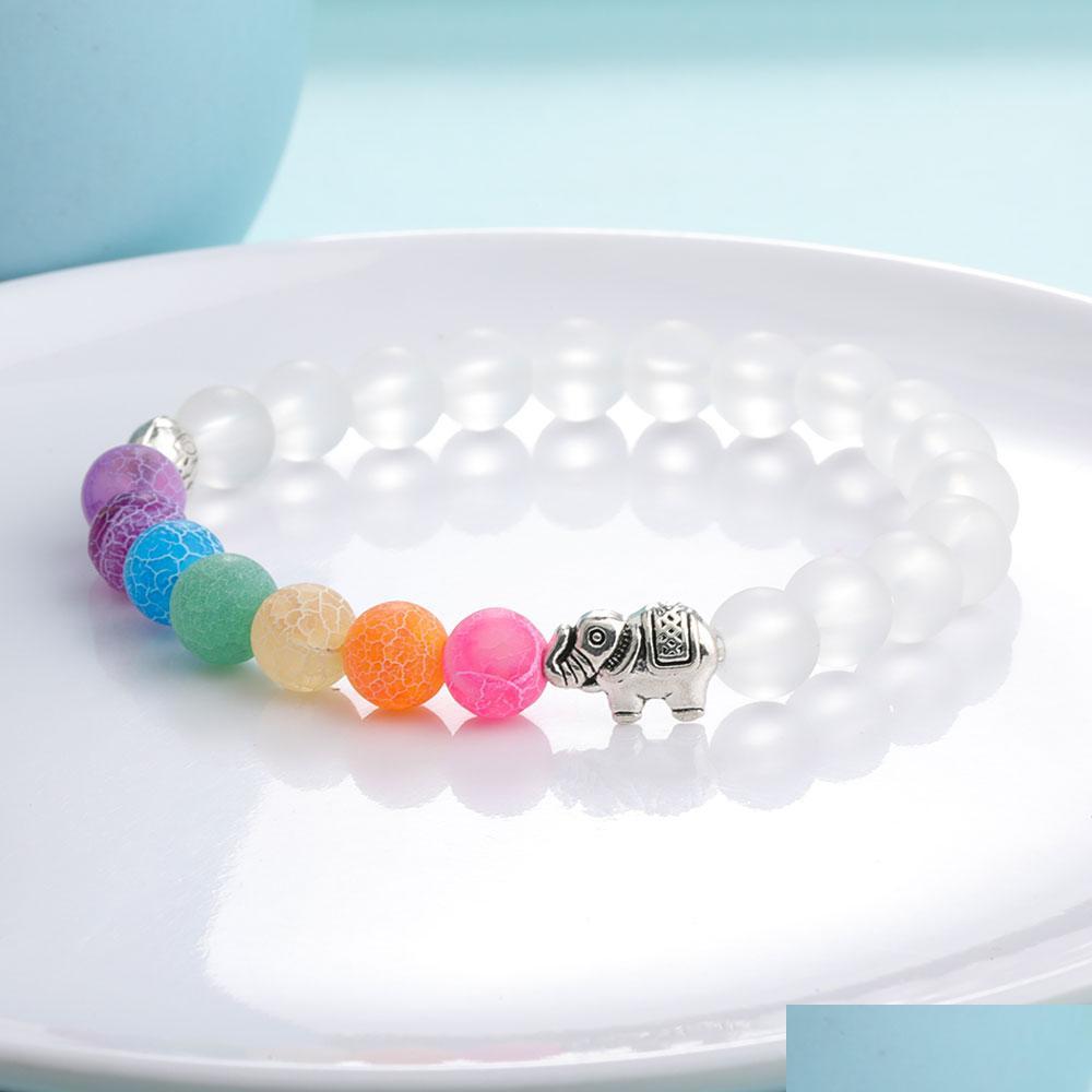 

Beaded Men Women Elephant Charms 7 Chakra Bracelet Clear White Agate Colorf Wind Fossils Bead Jewelry Drop Delivery Bracelets Dhft1