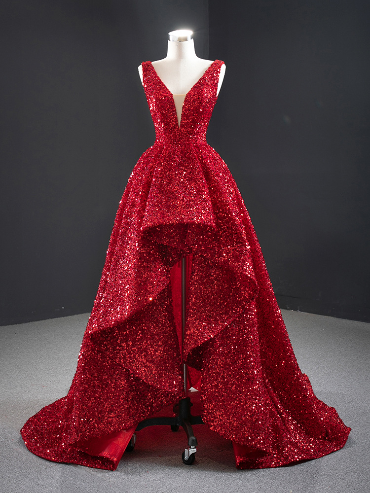 2022 Robes de soirée rouges de luxe en dentelle perles de cristal paillettes balayage train haut bas formelle mariée Pageant robes de bal sur mes