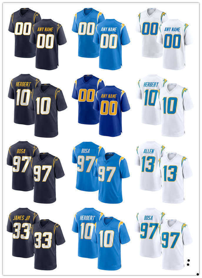 

Football Jerseys 77 Zion Johnson custom Los Angeles''Chargers''10 Justin Herbert 13 Keenan Allen 52 Khalil Mack 3 Derwin James 97 Joey Bosa, Color