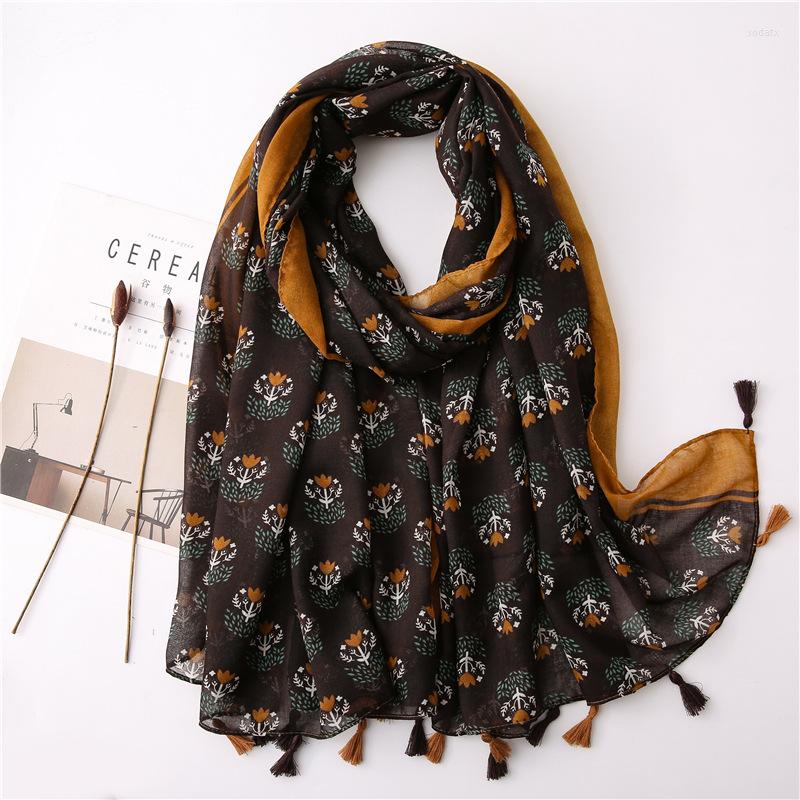 

Scarves 2022 Spring Flower Print Tassel Scarf Shawls Floral Pattern Wrap Hijab Viscose Beach Travel
