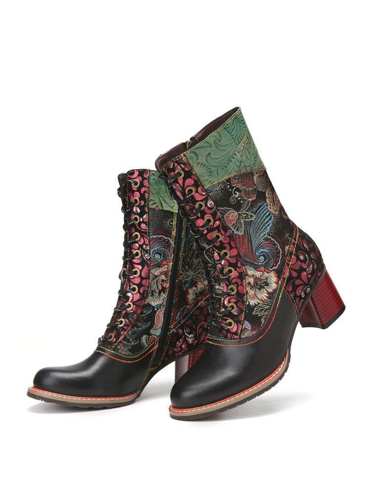 

2021 Top Quality SOCOFY Women Retro Style Floral Cloth Stitching Comfy Round Toe Leather Warm Wearable Chunky Heel Side Zipper Short Boo DBE, Black