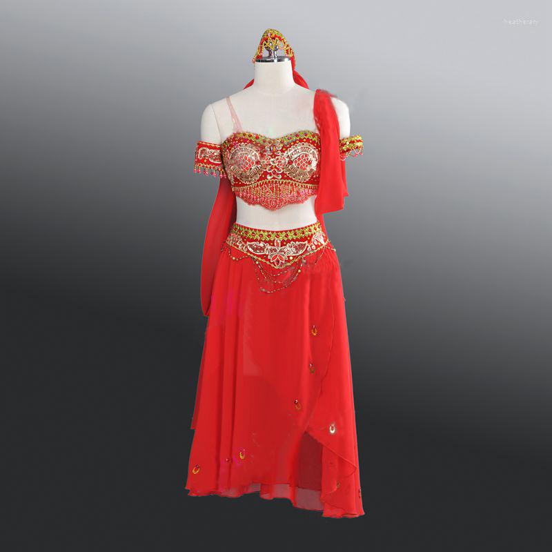 

Stage Wear Professional Latin Ballet Dresses Arab Two Pieces Performance Top Bra Skirt With Scarf In Dance, Red