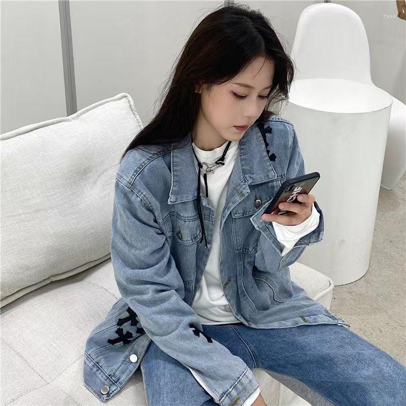 

Women's Jackets Denim Jacket Cross Stitch High Street Fashion Casual For Men And Women With Vintage Wash Lapel, Black