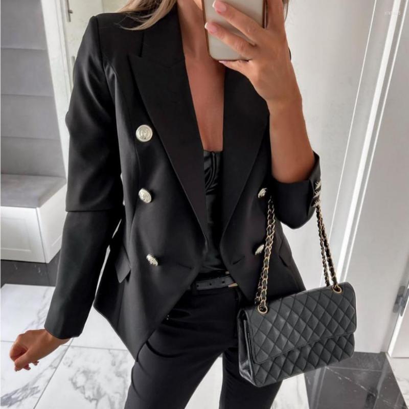 

Women's Suits Metal Buttons Double-breasted Placket Long Sleeves Flap Pockets Office Blazer Autumn Winter Solid Color Lapel Suit Jacket, Green