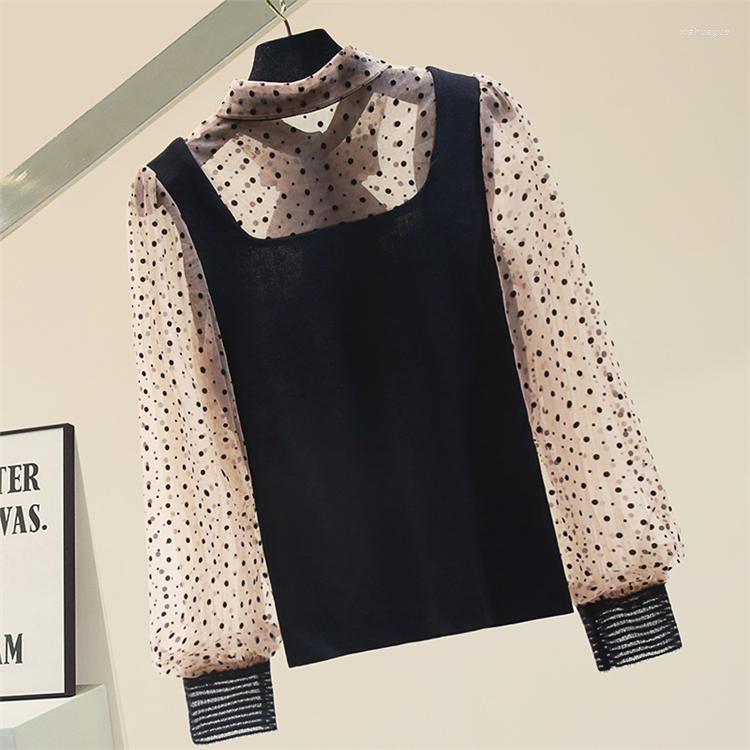 

Women's Blouses Personalized Polka Dot Chiffon Long Sleeve Patchwork Knit Shirt Women 2022 Spring Lady Chic Top Bow Stand Collar, Khaki