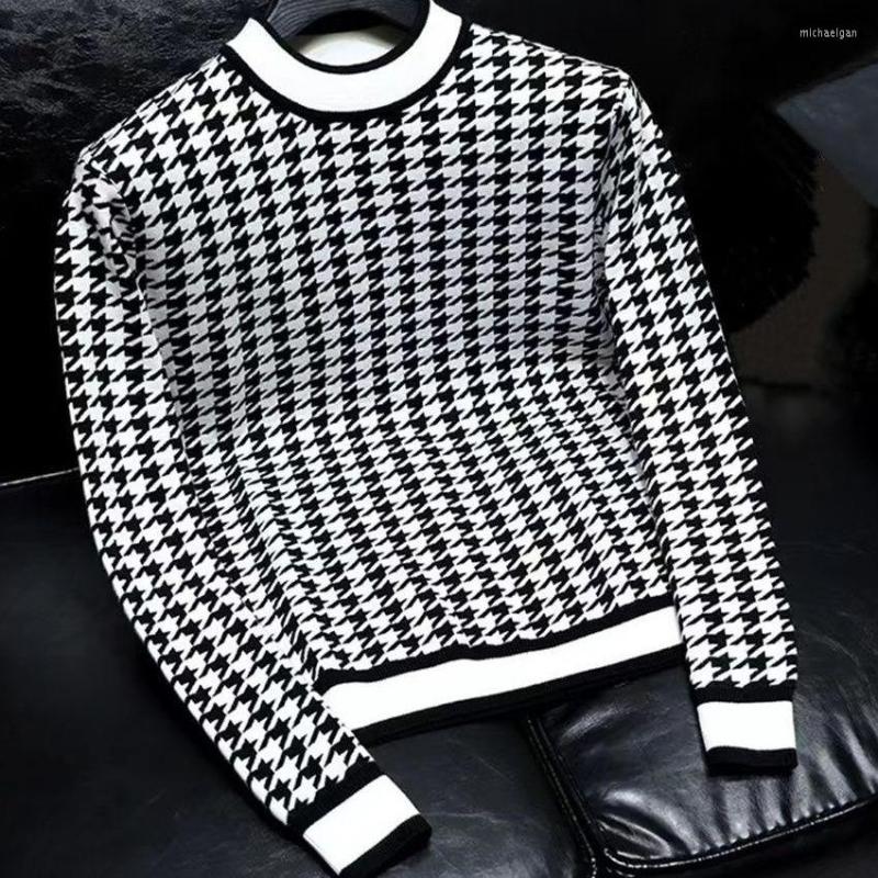 

Men's Sweaters Houndstooth Men Half Turtleneck Sweater 2022 Autumn Winter Warm Casual Slim Fit Pullovers Homme Plaid Jacquard, Black