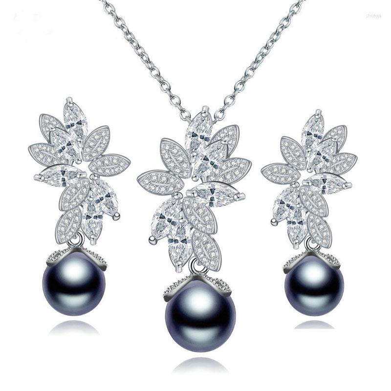 

Necklace Earrings Set Fashion Multilayer Leaf Horse Eye Shape Cubic Zirconia Black Pearl Dangle For Women Jewelry Wedding Party, Picture shown