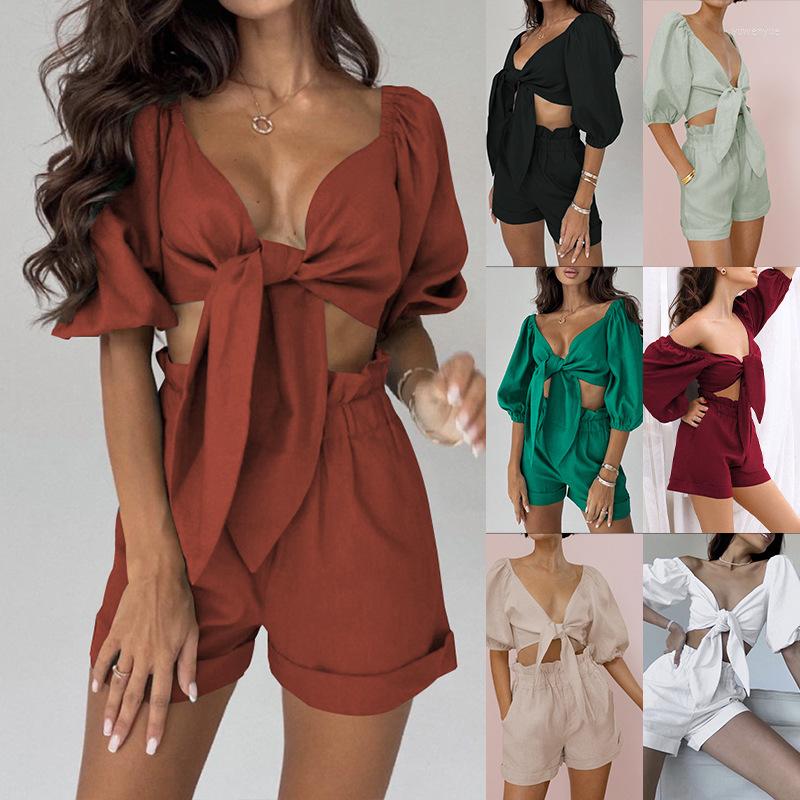 

Women' Tracksuits 2023 Women' Sexy Sweet Lace Up Lantern Sleeve Solid Color Shorts Two Piece Set, Black