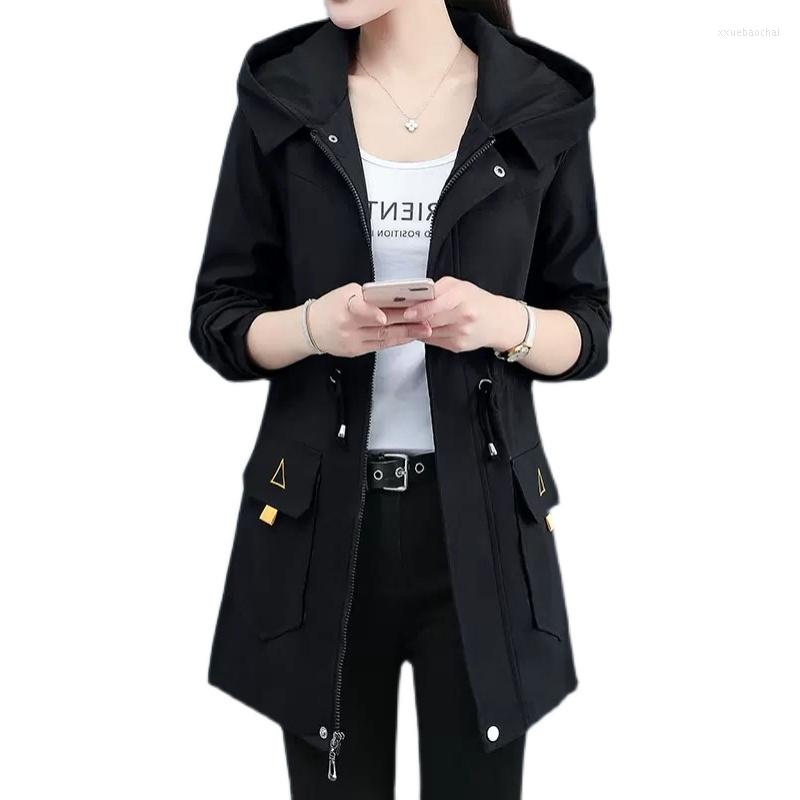 

Women's Trench Coats Women 2022 Spring Autumn Mid-length Windbreaker Korean Loose Casual Hooded Lady Basic Overcoat Famale Clothing, Black