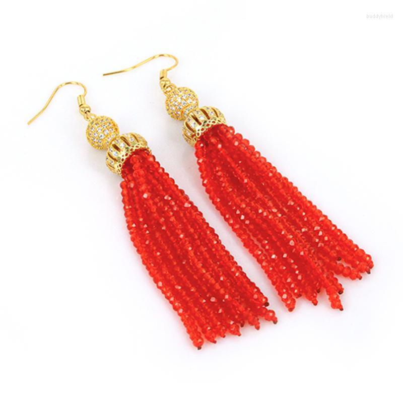 

Dangle Earrings Luxury Bohemian Statement Glass Crystal Beads Long Tassel Cubic Zirconia Crown Ball Cap For Women 2022