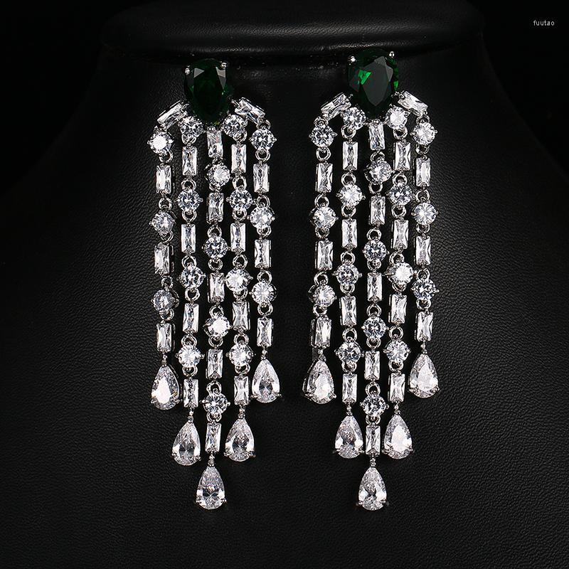 

Dangle Earrings Luxury High Quality Red Green Classic Cubic Zirconia For Women Wedding Party Drop Shiny Tassel Jewelry