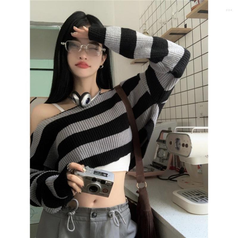

Women's Polos Loose All-match Striped Off-the-shoulder Long-sleeved Knitted Shirt Women's Top, Photo color