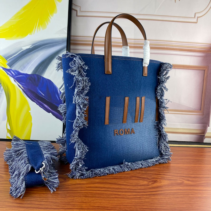 

evening bag Vintage Tassel Tote Bag Denim Canvas Shopping Bags Large Capacity Handbag Removable Shoulder Strap Genuine Leather Handle Jeans, 32cm