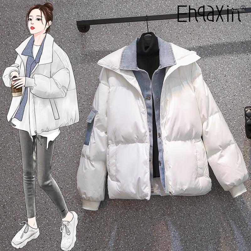 

Women's Down EHQAXIN Winter Plus Size Jacket Casual Denim Stitching Warm Cotton Loose Thicken Coats For Ladies -4XL, Blue
