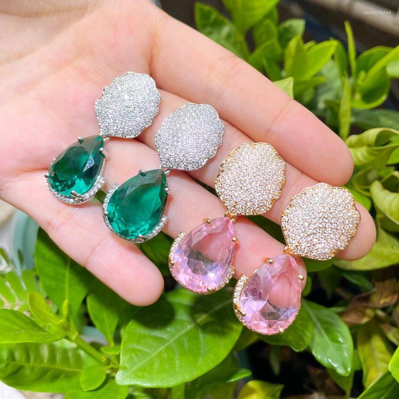 

Dangle Earrings Large Green Pink Water Drop Cubic Zirconia Stone Paved For Women Chic Party Wedding Banquet Jewelry Accessories