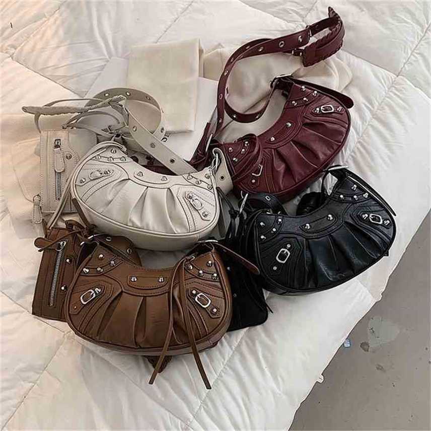 

Bags Handbags Womens personality heavy industry locomotive wind rivet sling one shoulder bag fold portable diagonal cross Purse, White