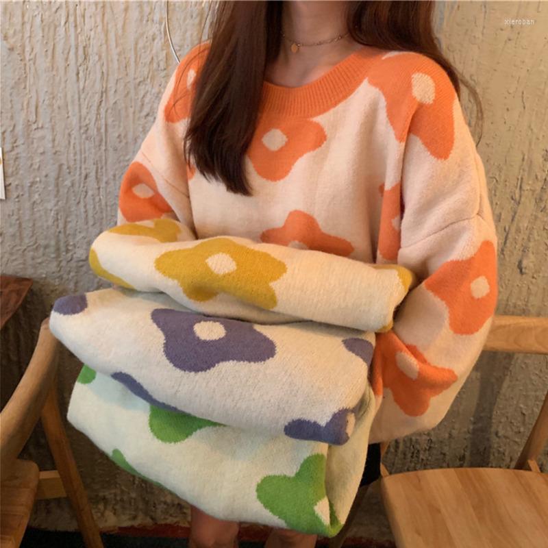 

Women's Sweaters 2022Autumn Winter Knitted Sweater Flower Pullover Vintage Loose Coat Female Long Sleeve Oversized Korean Clothes Women, Orange