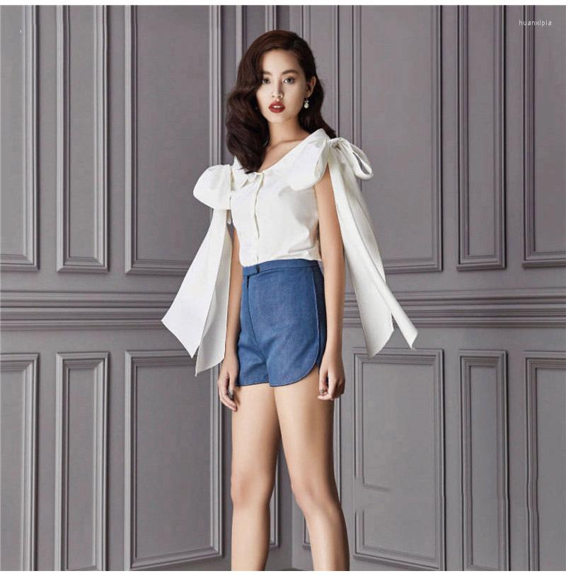 

Women' Blouses Summer White Turn-Down Collar Shirts Women Bowknot Shoulder Strap Sleeveless Slim Tops Fashion Casual Streetwear