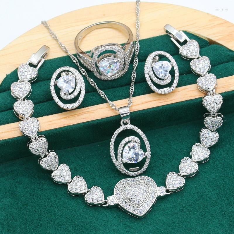 

Necklace Earrings Set Dubai Wedding Silver Color Jewelry For Women Heart Shaped White Zircon Bracelet Long Ring Christmas Gift, Picture shown