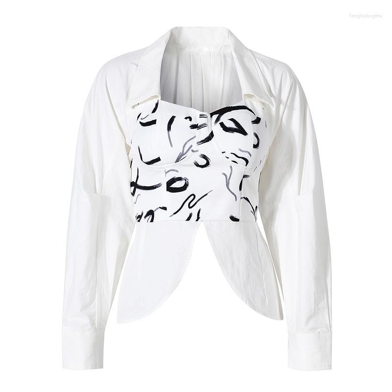 

Women' Blouses SeeBeautiful Simple Hand Paint Stitching Loose Shirt Lapel Long Sleeve Fake Two Pieces Women Summer 2022 Fashion G193, White