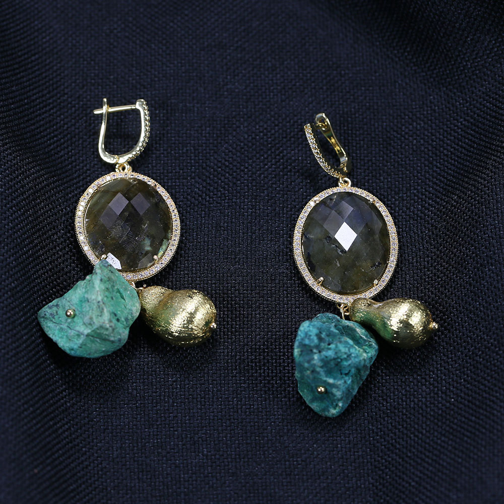 

Oval Faceted Labradorite Cz Gold Plated Edge Malachite Rough Dangle Hook Earrings Simple Gifts For Women