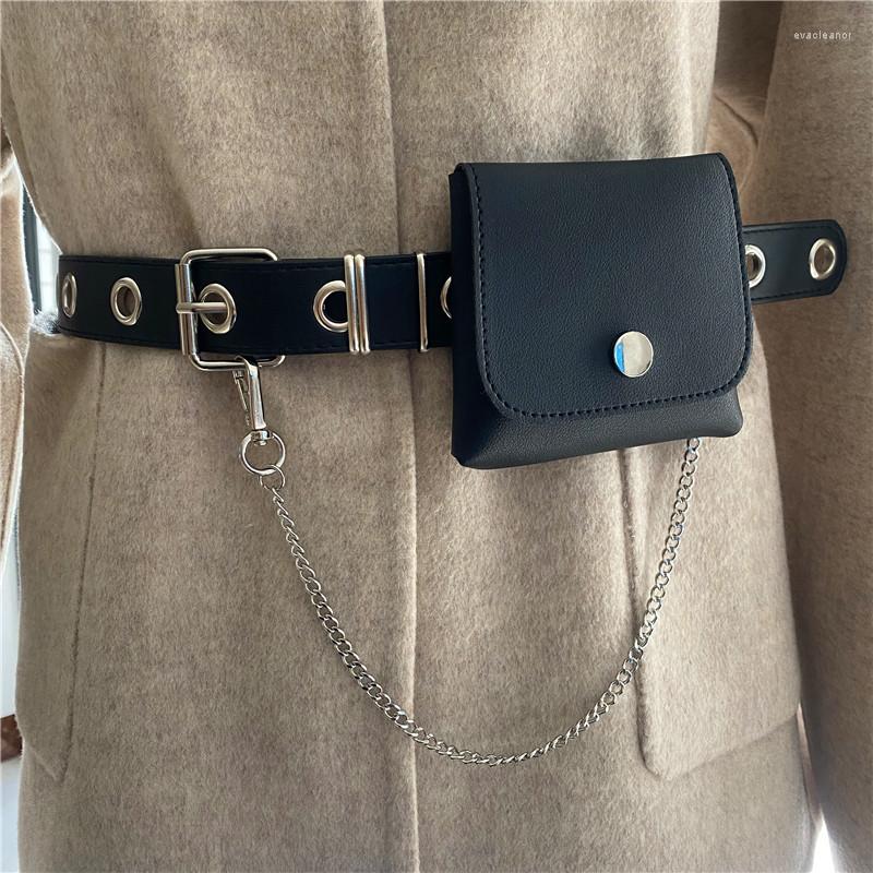 

Belts Punk Silver Pin Buckle Tassel Chain Belt Black Faux Leather Hollow Rivet Waist Strap Small Phone Pouch Bag Bar Girl Jean