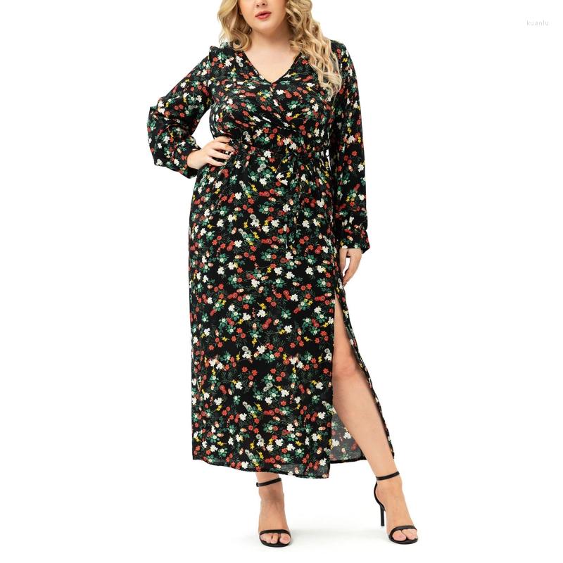 

Casual Dresses Floral Print Split Flowy Hem Women Long Sleeve Belted Ankle Length Gown Dress, Picture shown