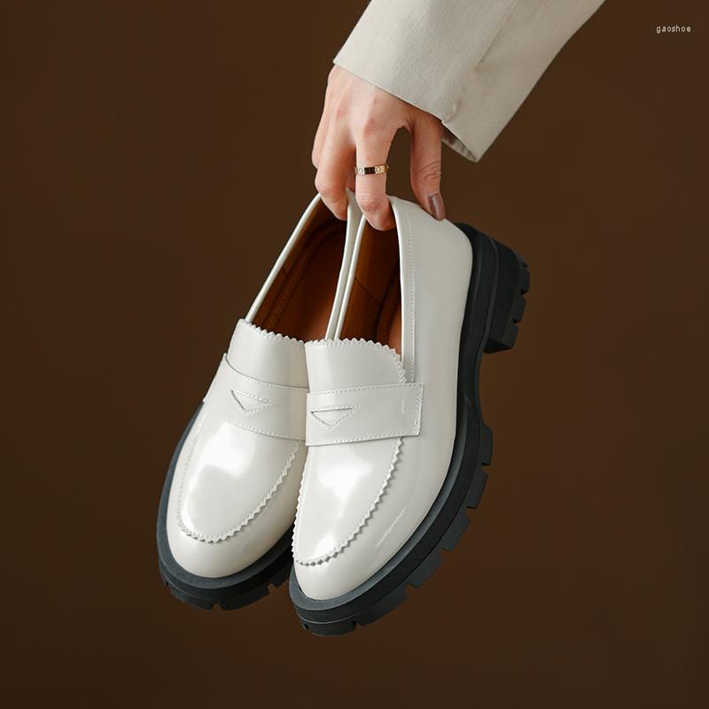 

Dress Shoes MythLuo Platform Loafers For Women Chunky Heels Genuine Leather Round Toe Mid High Thick Sole Ladies Causel, Beige