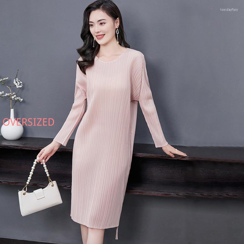 

Casual Dresses Women's Miyake Dress Solid Color Small Fresh Side Zipper Round Neck Slim Long Sleeve PLEATS Elegant Vestido Robe, Black