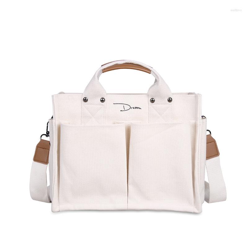

Evening Bags Top Quality Canvas Tote For Women Luxury Handbags Large Capacity Multi-pocket Shoulder Crossbody Bag Girl Student Book, White