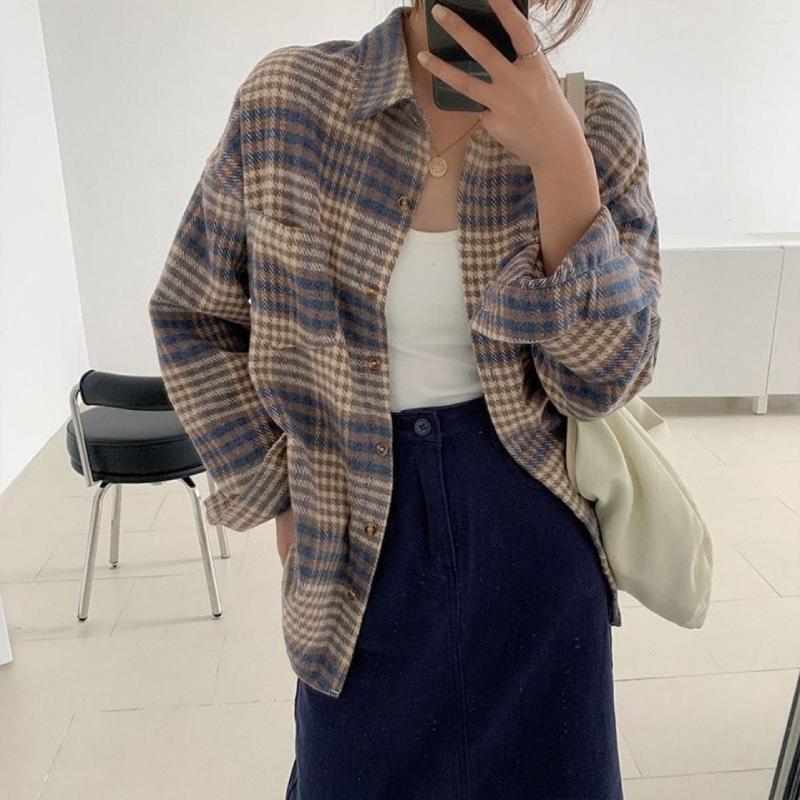 

Women' Jackets Woolen Plaid Shirt Women' Button Down Lapel Jacket Long Sleeve Print Chest Pocket Loose Coat Clothing, Blue