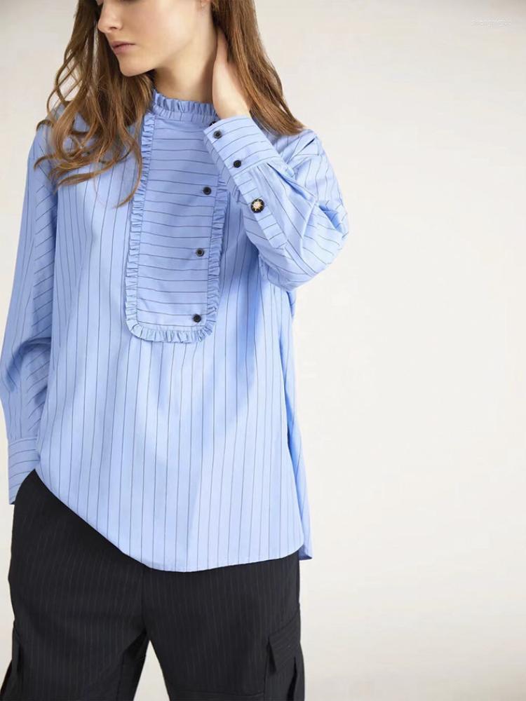 

Women's Blouses 2022 Autumn And Winter Thin Striped Lace Collar Square Half Placket Women Casual Long-sleeved Shirt Top, White