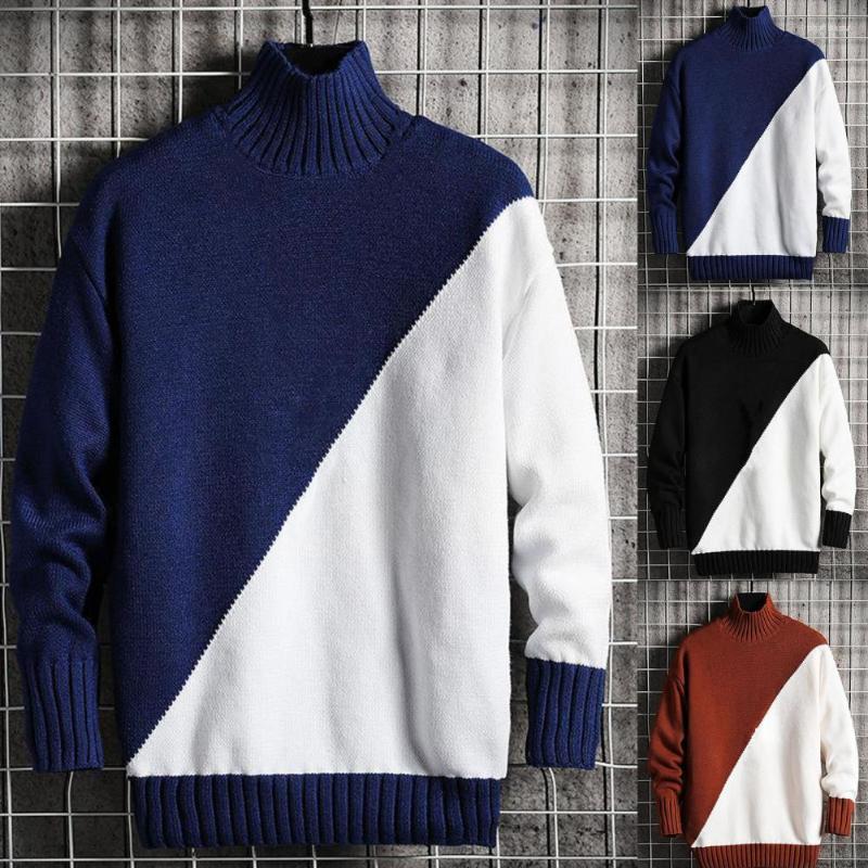 

Men's Sweaters Fabulous Autumn Sweater Casual Men Patchwork Simple Spring High Collar, Navy blue