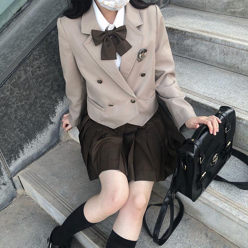 

Clothing Sets Japanese JK Jacket Uniform Blazer Ladies Suit Double Breasted Spring Autumn College Style School Coat Khaki Brown Top, Black blazer