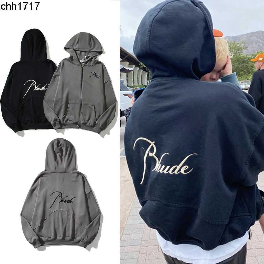 

High street fashion brand rhudes capsule embroidery letter zipper Hoodie loose Hoodie Unisex, Black
