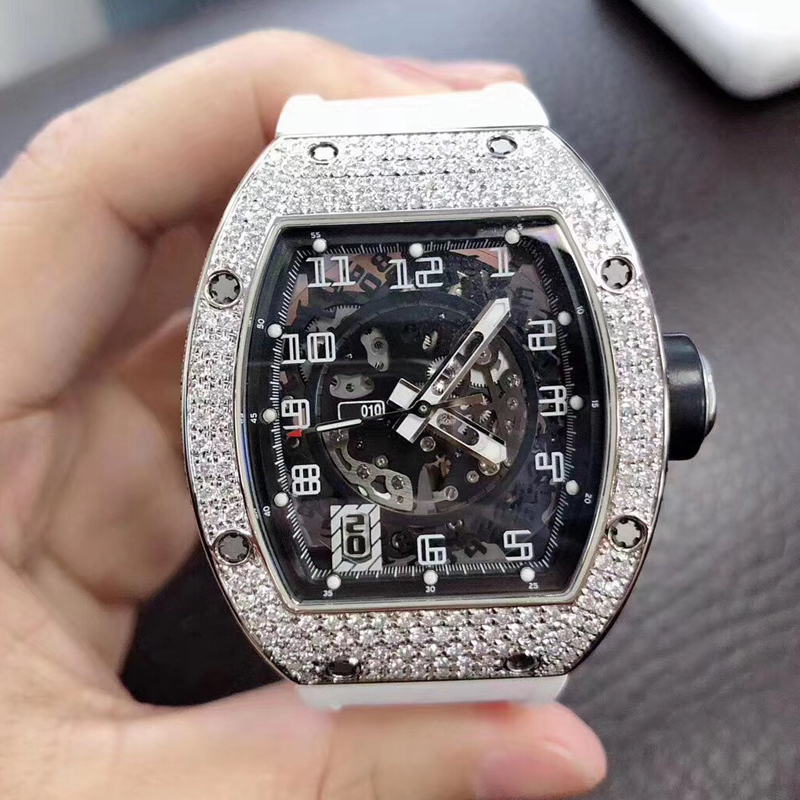 

Silver Diamonds watch mens skeleton Watches white rubber strap rm010 ETA automatic self-winding iced out wristwatch all function works, 02
