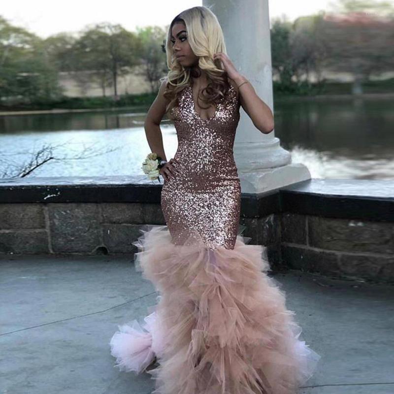 

Party Dresses Rose Gold Prom Dress Mermaid Deep V Neck Sleeveless Ruffles Sweep Train Bling Sequins Evening Gowns CP196, Colors from swatches