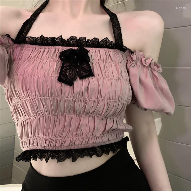

Women's T Shirts Backless Halter Lace Patchwork Strapless Top Women 2022 Summer Korean Short Sleeve Sexy Bodycon Slim Crop Tops Y590, Fen