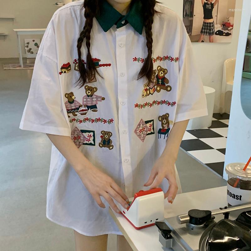 

Women's Blouses Ancient Feng Heavy Industry Cartoon Embroidery Short Sleeve Shirt Women Summer Couples Korean Fashion Casual Tops INS, White