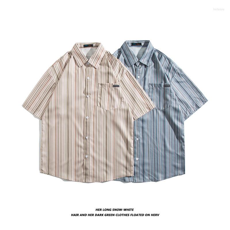 

Men's Casual Shirts Japanese Striped Short-sleeved Shirt Men And Women Summer Tide Brand American Loose Couple Lapel Tooling Jacket, 1259
