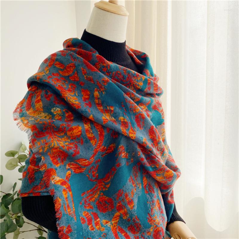 

Scarves Cashmere Oil Painting Flame Peacock Long Large Scarf Women's Temperament Retro Shawl Luxury Neck Wraps 100 200CM