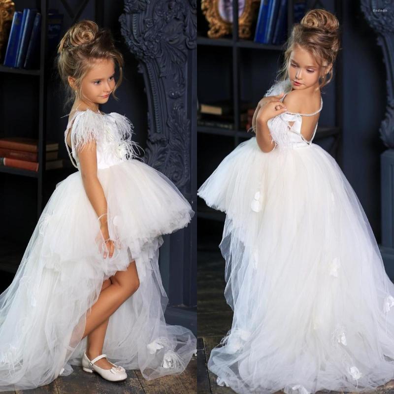 

Girl Dresses High Low Flower For Wedding Lace Feather Jewel Neck Little Girls Pageant Gowns Birthday Party Kids Prom Dress, Beige