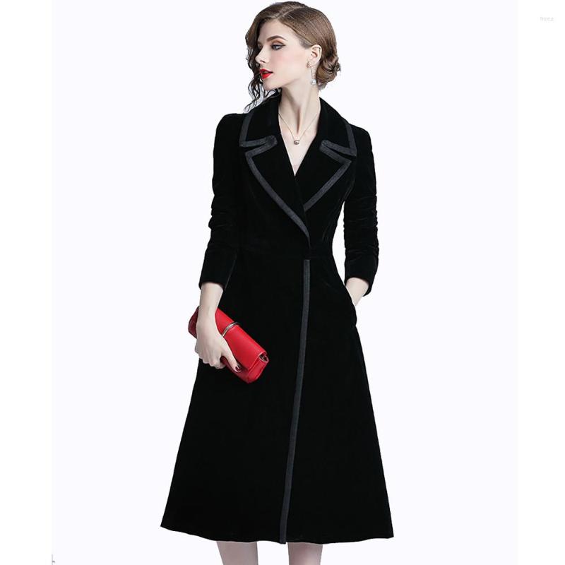 

Women' Trench Coats Women Retro Slim Business Black Velvet Coat Long Parka Party Overcoat Elegant Notched Outwear Cardigan