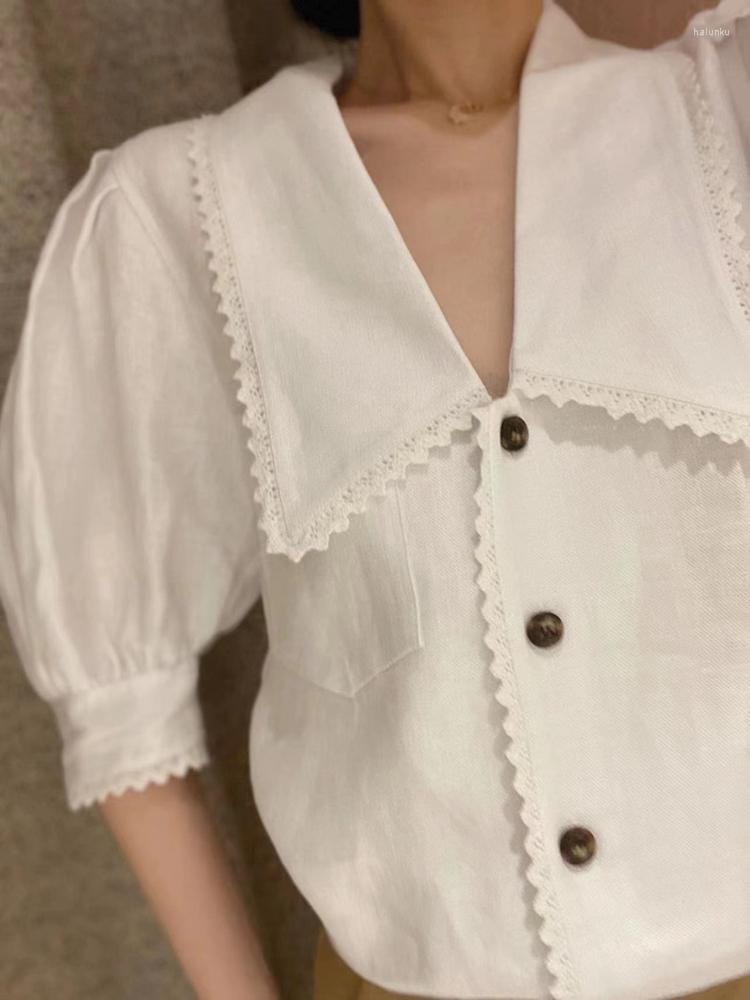 

Women's Blouses Women Shirt Puff-sleeve Linen Short-sleeve Large Lapels, White