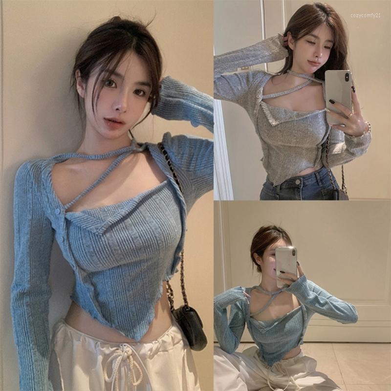 

Women's Sweaters Women Blouse Korean Style Spring Autumn Sweater U-Neck Hollow Out Short Slouchy Pullover Long Sleeve Knitted Top, Gray