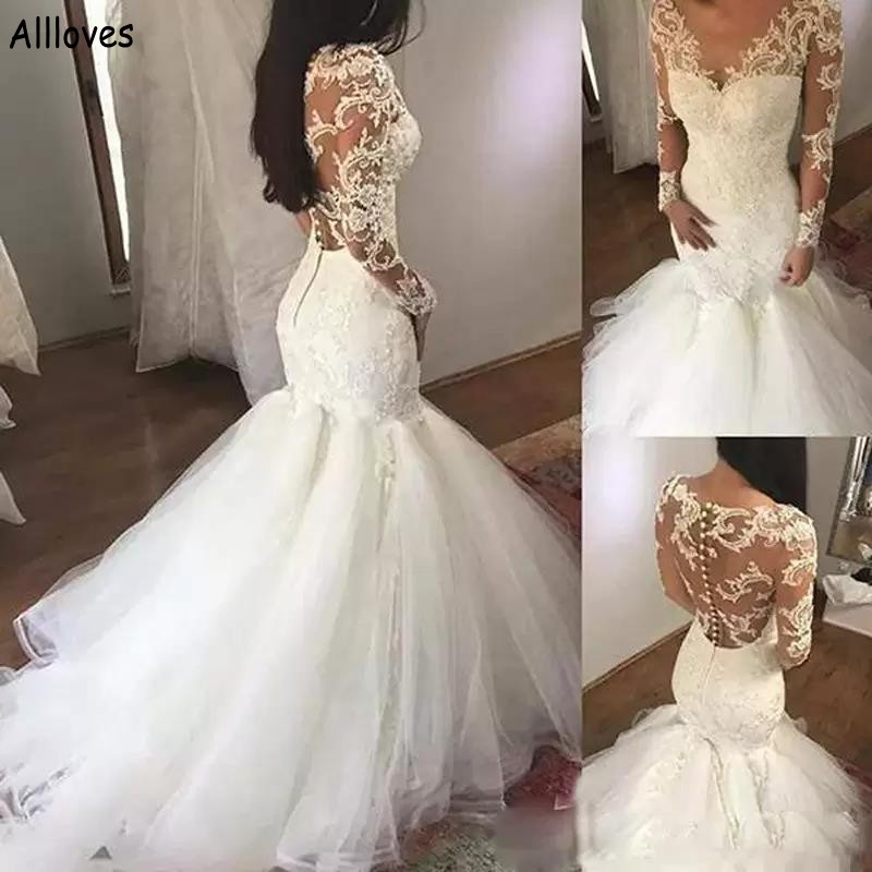 

Vintage Lace Mermaid Wedding Dresses With Long Sleeves V Neck See Through Back Buttons Bridal Gowns Tulle Court Train Plus Size Vestidos De Novia CL1419, White